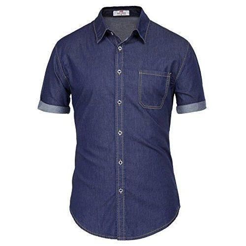 Men's Denim Casual Button Down Shirts short Sleeves Dark Blue