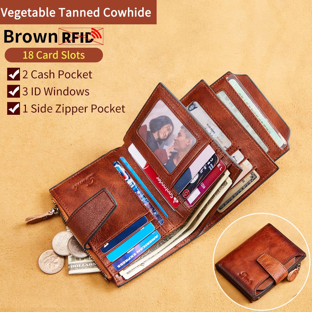 Wholesale Men's  Wallet RFID First Layer Cowhide Zipper Wallet Billfold   Wallets  Holders
