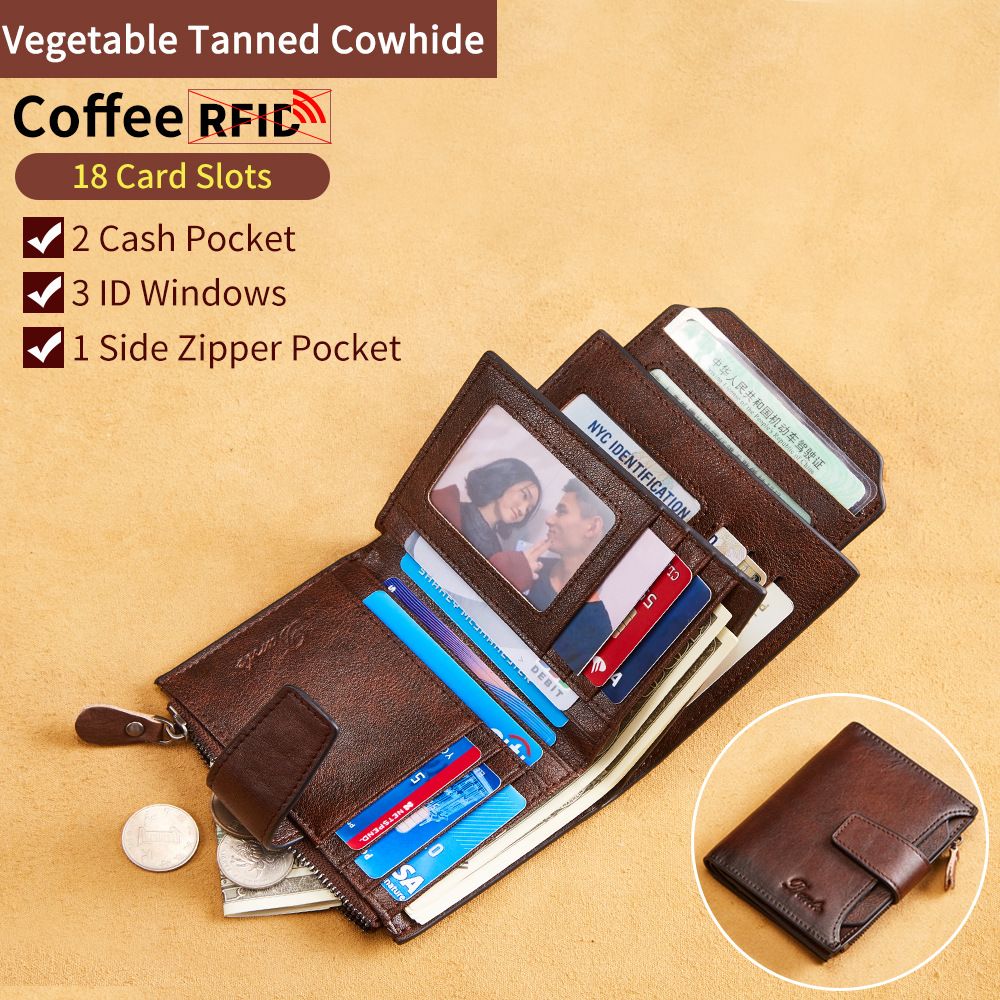 Wholesale Men's  Wallet RFID First Layer Cowhide Zipper Wallet Billfold   Wallets  Holders