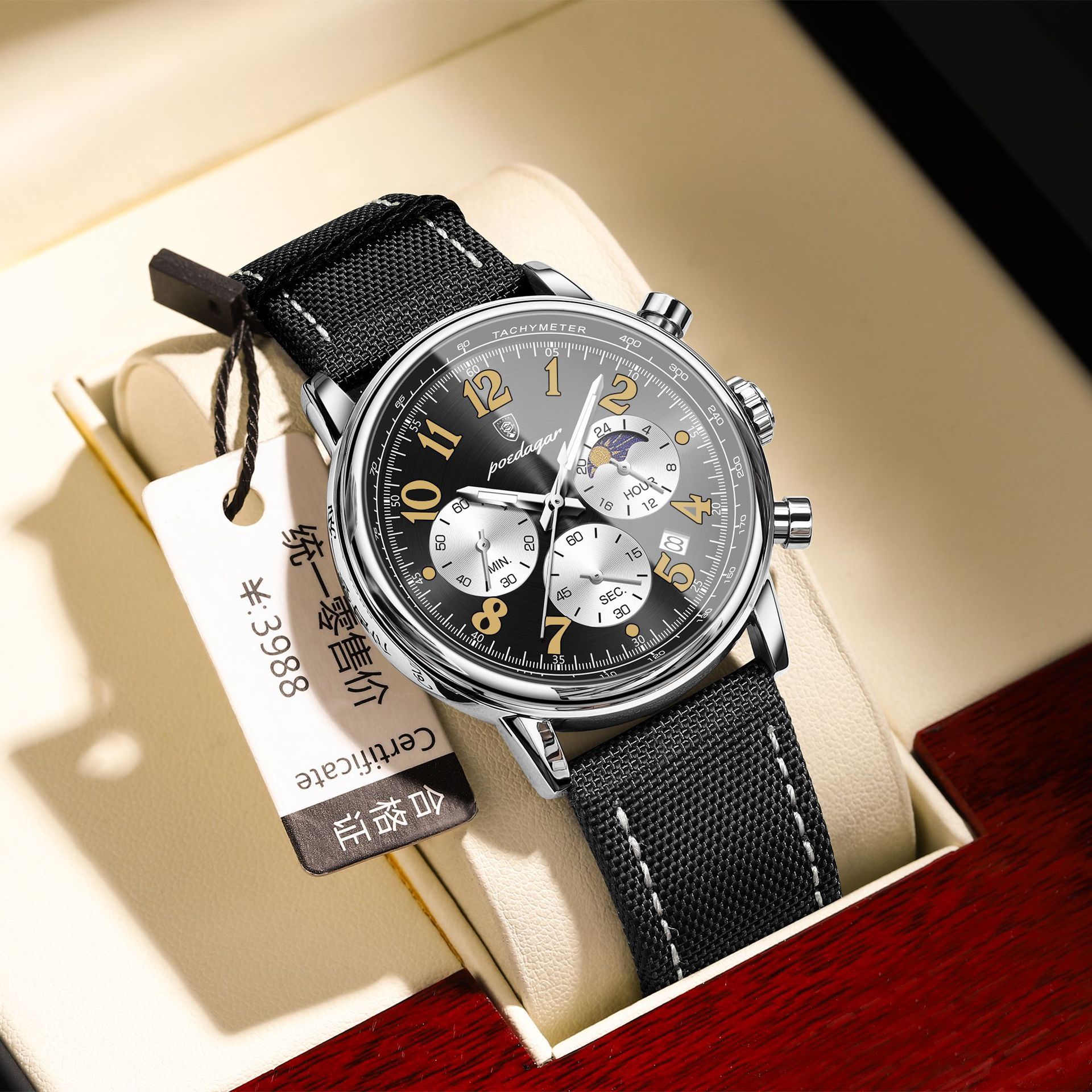 Luxury Band Classics Quartz Watch Man Leather Strap Date Waterproof Chronograph Moon Phase Hand Clock  Men Quartz Watches