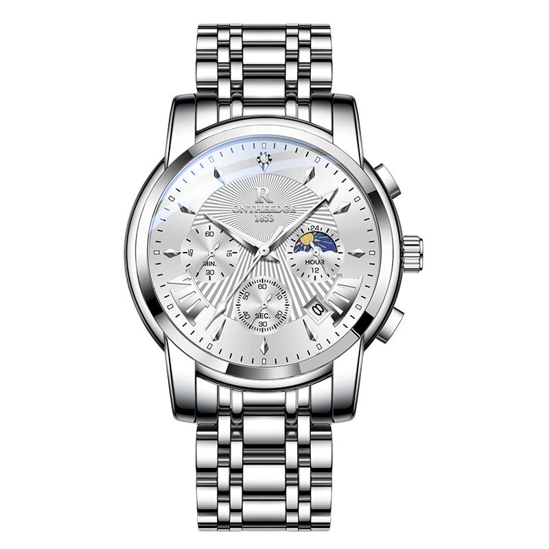 Luxury Band Quartz Watch for Men Waterpoof Chronograph Men's Wristwatch Auto Date Dual Calendar Moon Phase Men watches Quartz Watches