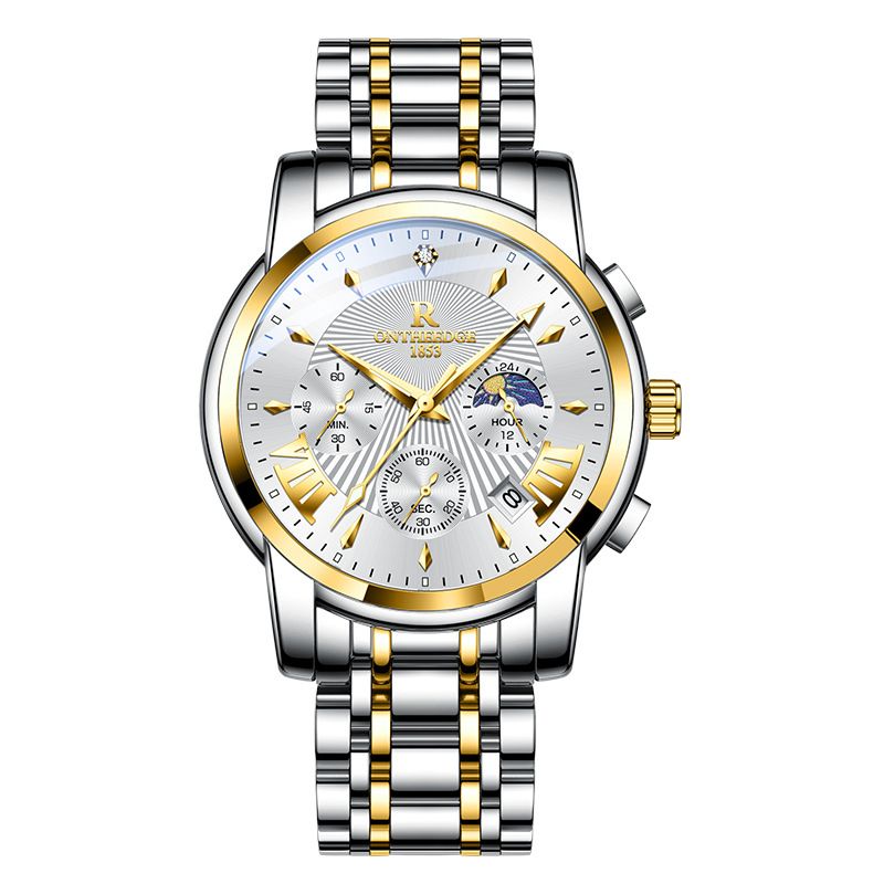 Luxury Band Quartz Watch for Men Waterpoof Chronograph Men's Wristwatch Auto Date Dual Calendar Moon Phase Men watches Quartz Watches