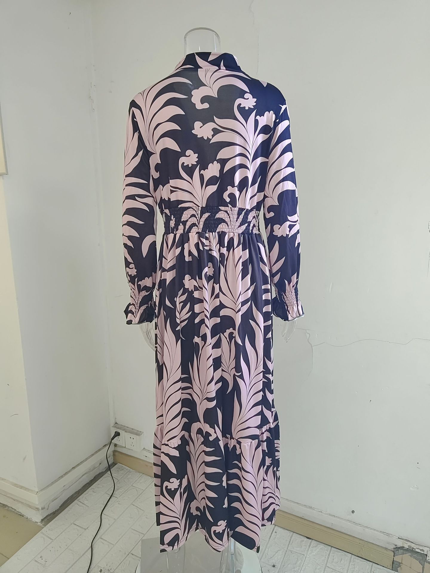 Women Clothing Print V Neck Loose Tied Waist Womens Night Dresses Maxi Lady Elegant Dresses Casual Long Dress Printed Long Sleeve Large Hem Elegant Women's Dress