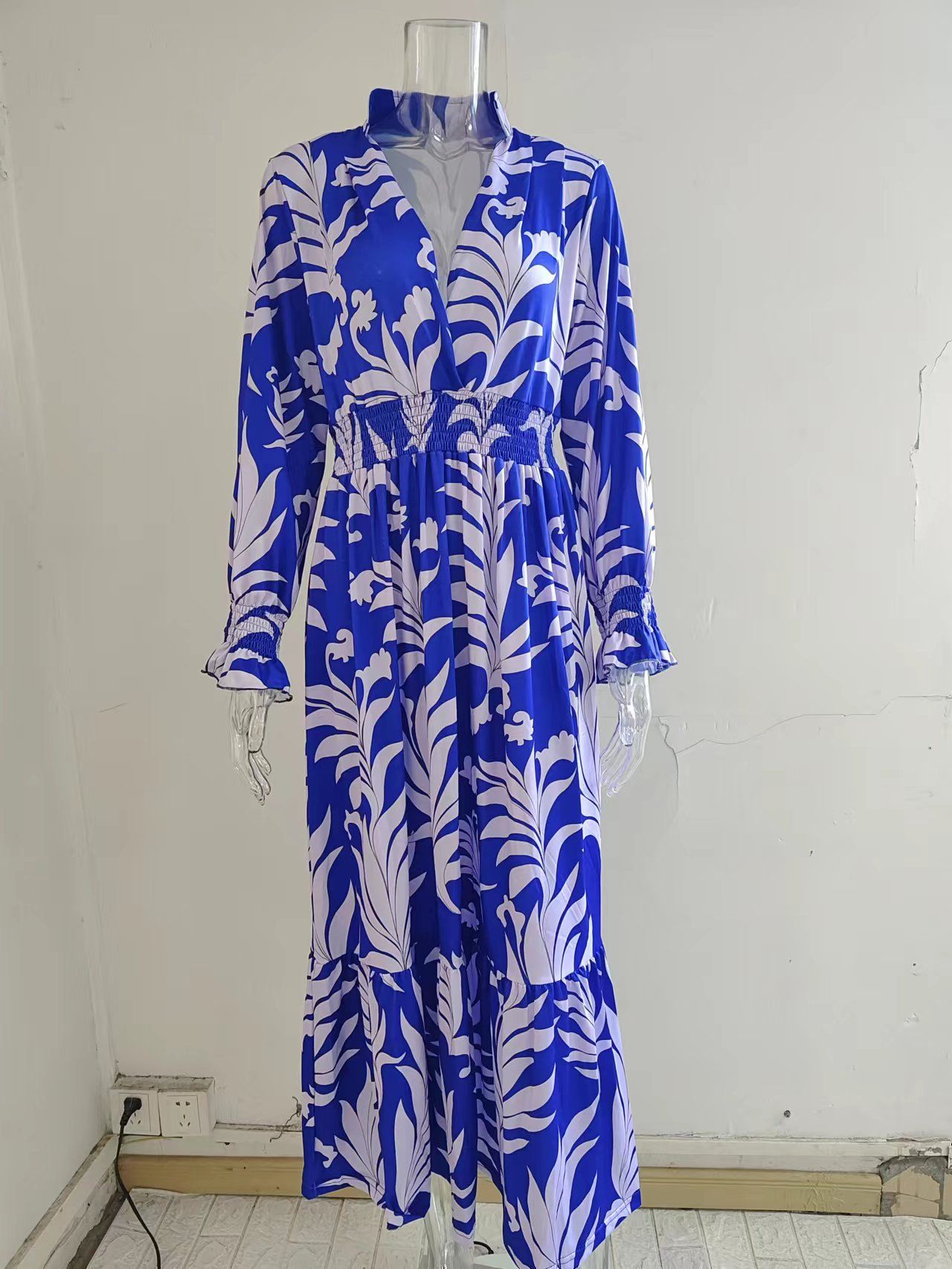 Women Clothing Print V Neck Loose Tied Waist Womens Night Dresses Maxi Lady Elegant Dresses Casual Long Dress Printed Long Sleeve Large Hem Elegant Women's Dress