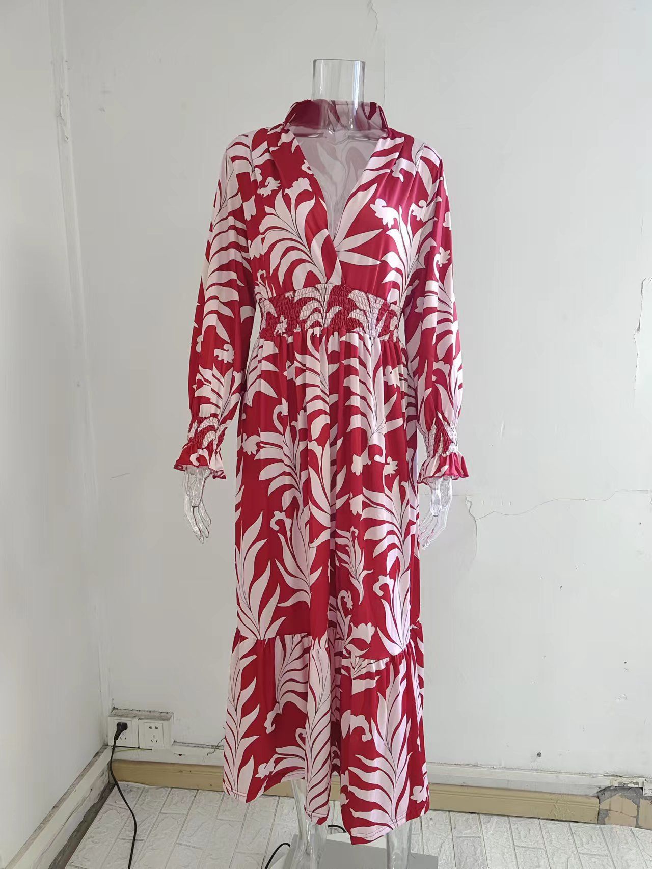 Women Clothing Print V Neck Loose Tied Waist Womens Night Dresses Maxi Lady Elegant Dresses Casual Long Dress Printed Long Sleeve Large Hem Elegant Women's Dress