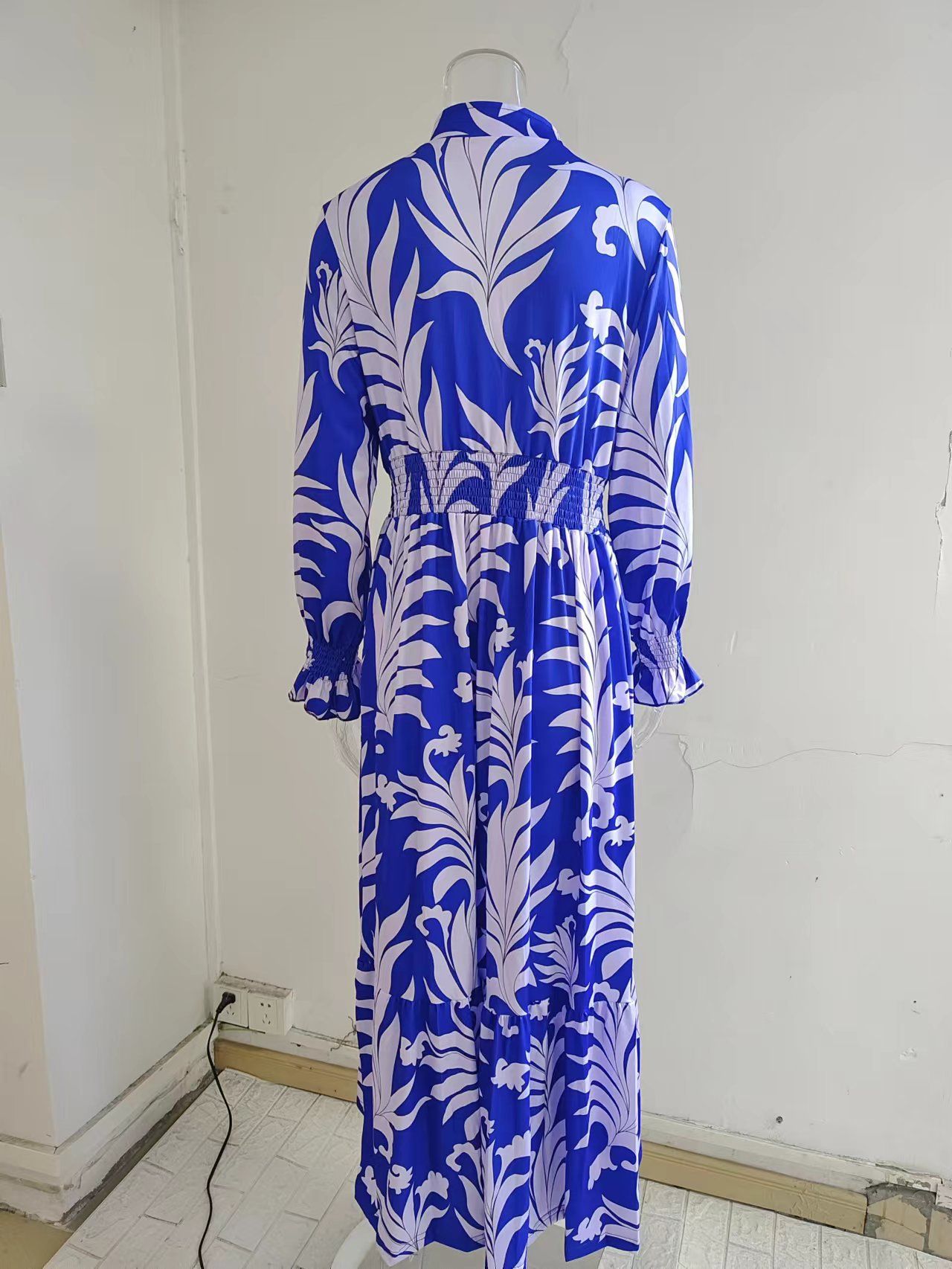 Women Clothing Print V Neck Loose Tied Waist Womens Night Dresses Maxi Lady Elegant Dresses Casual Long Dress Printed Long Sleeve Large Hem Elegant Women's Dress