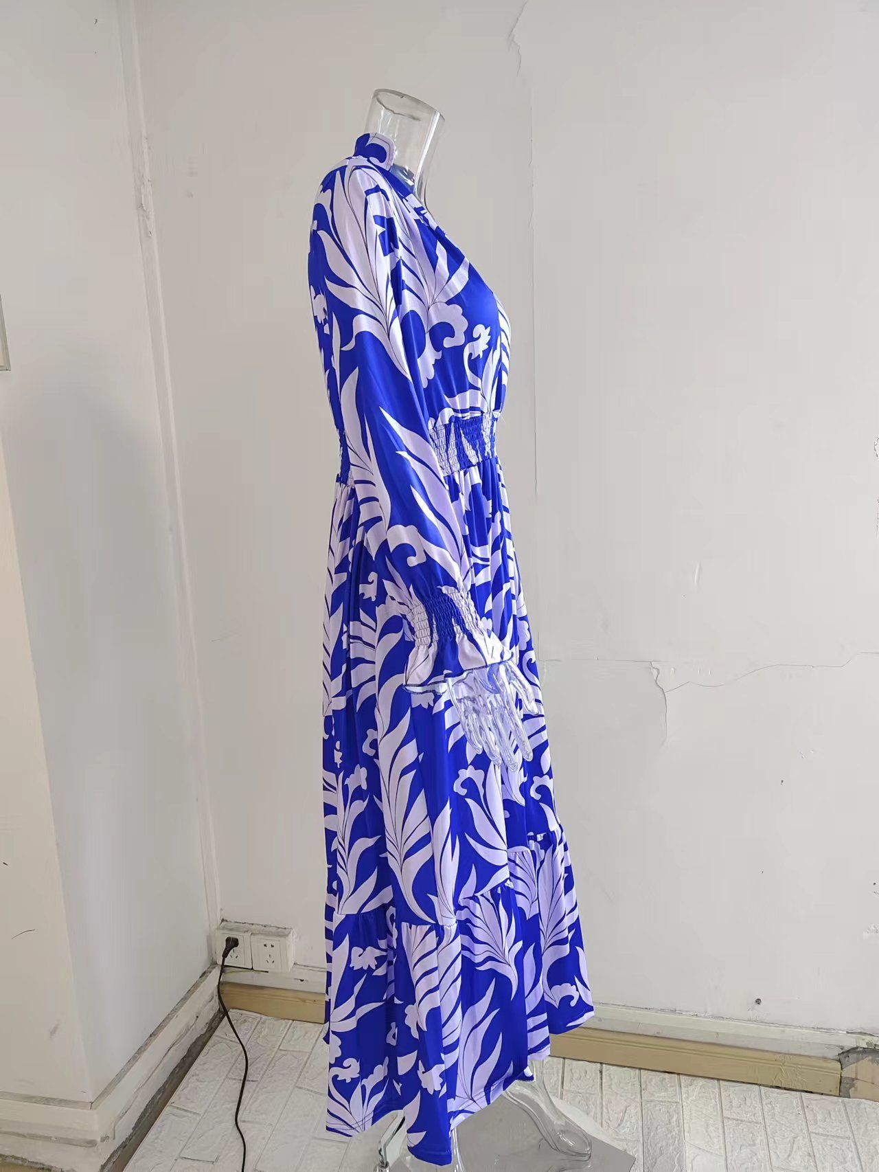 Women Clothing Print V Neck Loose Tied Waist Womens Night Dresses Maxi Lady Elegant Dresses Casual Long Dress Printed Long Sleeve Large Hem Elegant Women's Dress