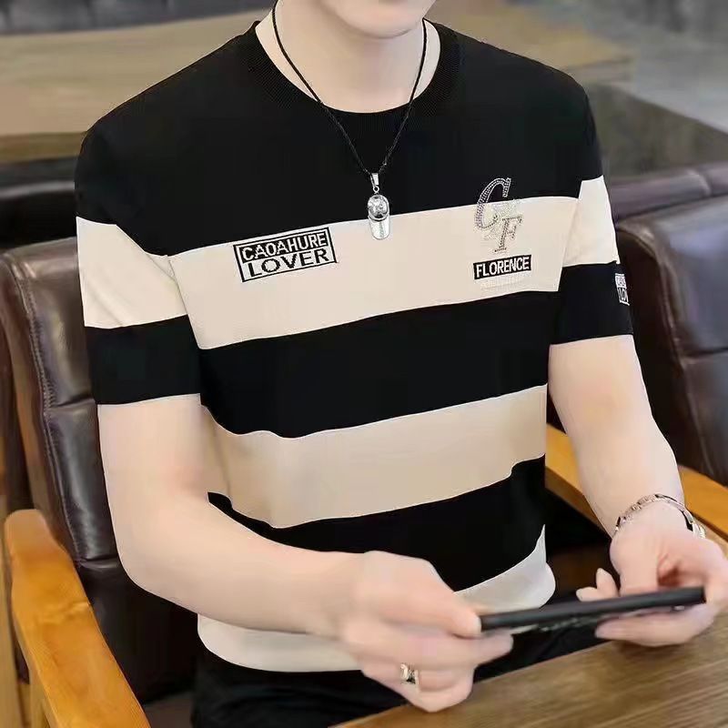 Ice silk striped short sleeve T-shirt men's summer new fashion brand ice half sleeve T-shirt men's clothes printing