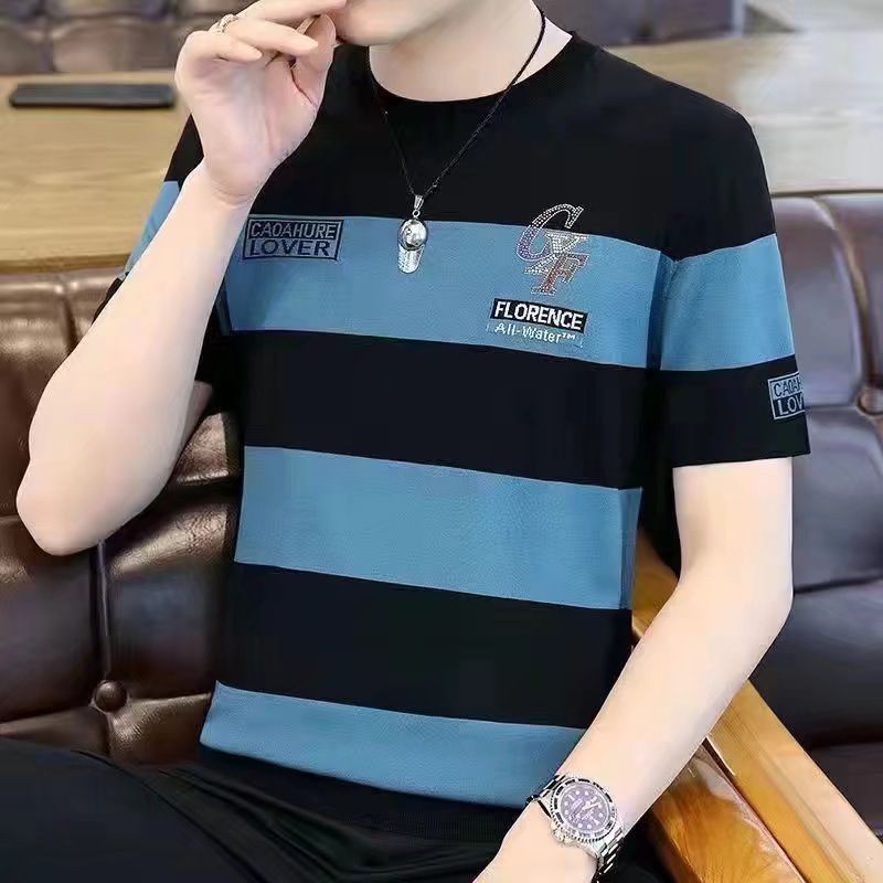 Ice silk striped short sleeve T-shirt men's summer new fashion brand ice half sleeve T-shirt men's clothes printing