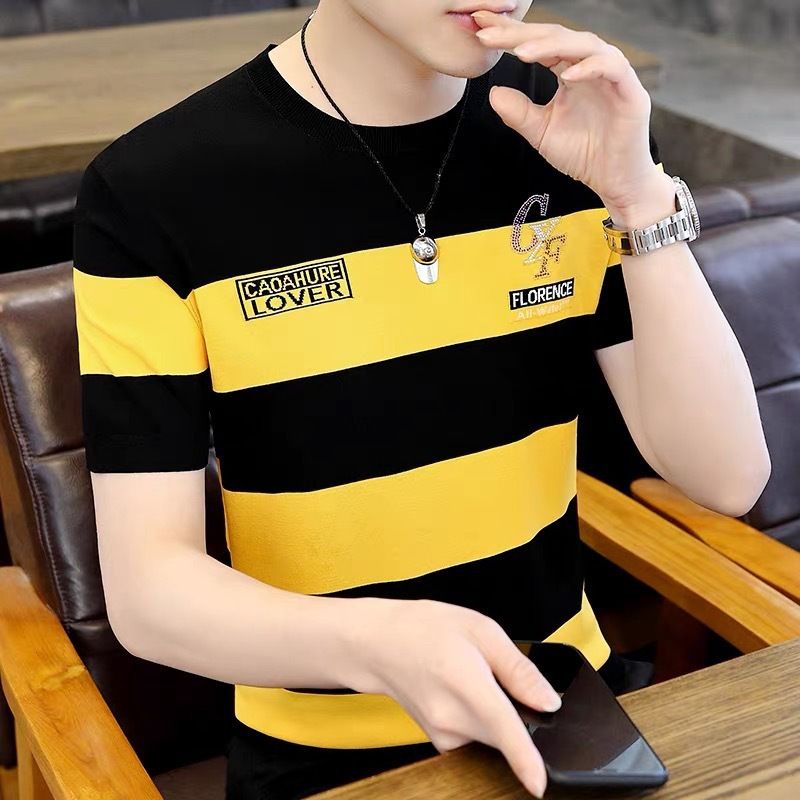 Ice silk striped short sleeve T-shirt men's summer new fashion brand ice half sleeve T-shirt men's clothes printing