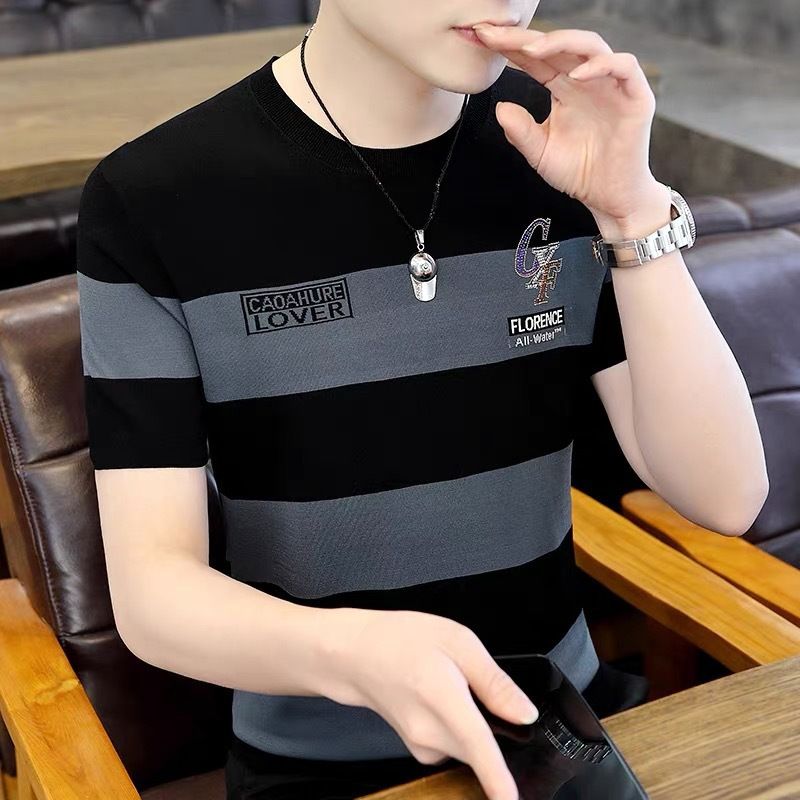 Ice silk striped short sleeve T-shirt men's summer new fashion brand ice half sleeve T-shirt men's clothes printing