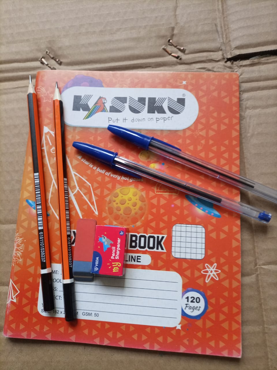 12 pcs A5 single line 120 pages books 11 single+1 squared + 2 free hp pencil + 1 rubber+1 shappener + 2 big biro pens