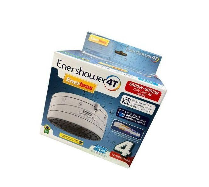 Enershower Enerbras 4T Instant Electric Shower 6800W–8092W, 220–240V AC 50/60Hz, Powerful Hot Water for Salty Borehole and Normal Water, Safe Energy Saving Bathroom Heater