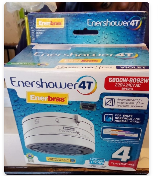 Enershower Enerbras 4T Instant Electric Shower 6800W–8092W, 220–240V AC 50/60Hz, Powerful Hot Water for Salty Borehole and Normal Water, Safe Energy Saving Bathroom Heater
