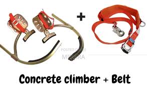 Professional Electrician Pole Climbing Safety Belt Kit - Adjustable Orange Nylon Strap, Heavy Duty Copper Frame with Wide Foot Pedals, Dual D-Ring Shackles & Mounting Brackets for Utility Pole & Tree