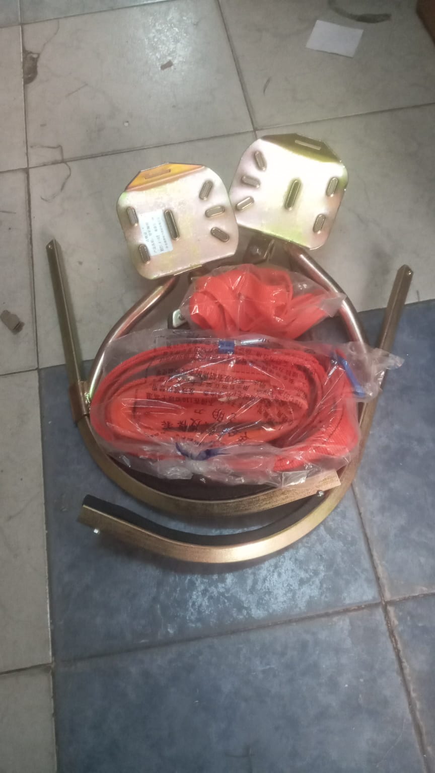 Professional Electrician Pole Climbing Safety Belt Kit - Adjustable Orange Nylon Strap, Heavy Duty Copper Frame with Wide Foot Pedals, Dual D-Ring Shackles & Mounting Brackets for Utility Pole & Tree