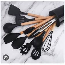 12pc Silicone spoons Non-Stick Cooking Spoon Set With Holder.Heat-resistant food-grade silicone (safe for non-stick cookware) Strong wooden handles for a comfortable, non-slip