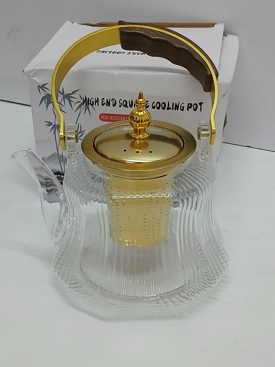 Heat-Resistant Glass Teapot with Strainer Infuser, 1.2L Glass Tea Pot with Gold Handle and Metallic Sieve