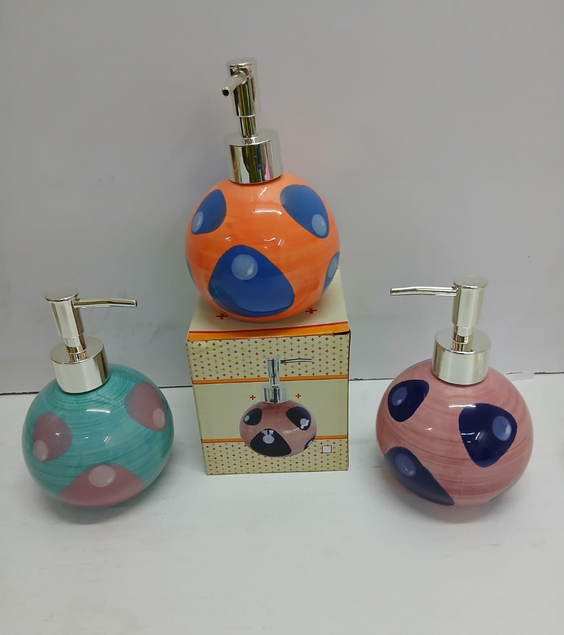 Ceramic Liquid Soap Dispenser Bottle with Stainless Steel Pump, Modern Polka Dot Design for Bathroom & Kitchen Sink, Refillable Hand Wash, Lotion or Detergent Container