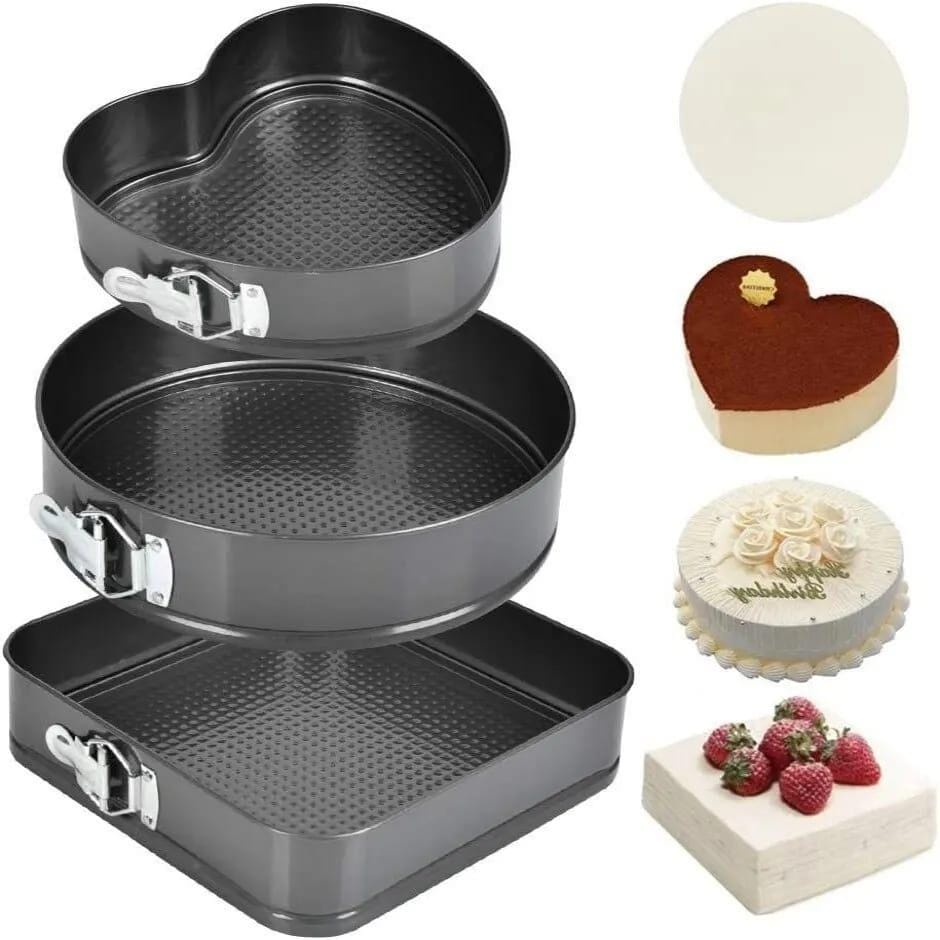 3pcs non-stick springform cake baking tins/molds square round heart baking trays/tins black normal