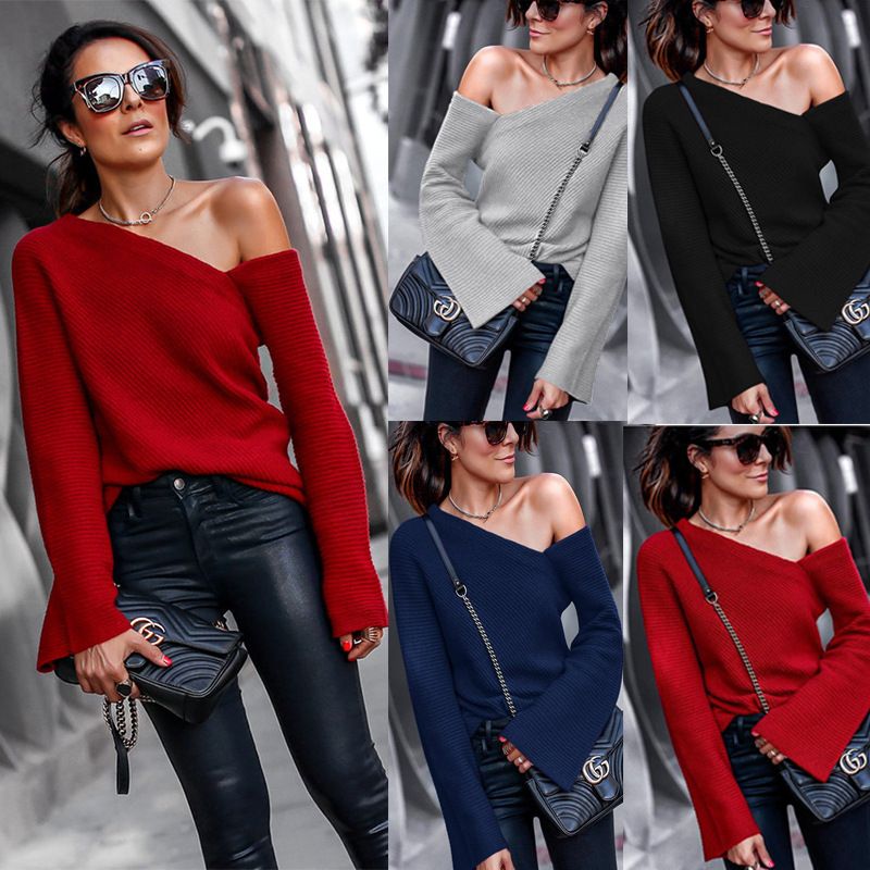Hot Sale, Fashionable Crew Neck, Long Sleeves, Off-the-Shoulder Women's Tops, Knitwear, One-Shoulder, Off-the-Shoulder Tops