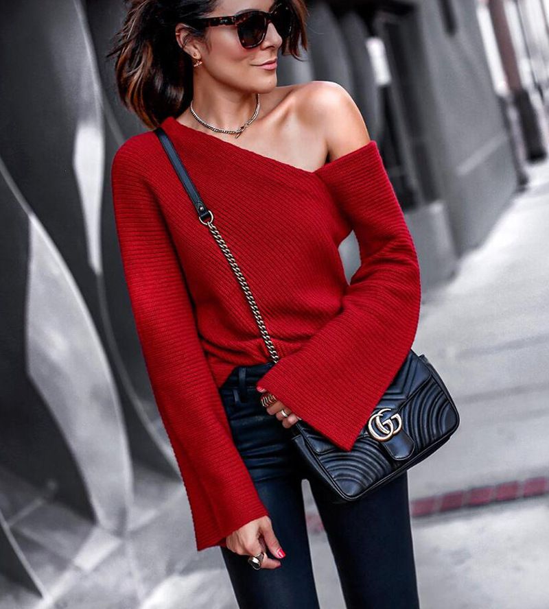 Hot Sale, Fashionable Crew Neck, Long Sleeves, Off-the-Shoulder Women's Tops, Knitwear, One-Shoulder, Off-the-Shoulder Tops