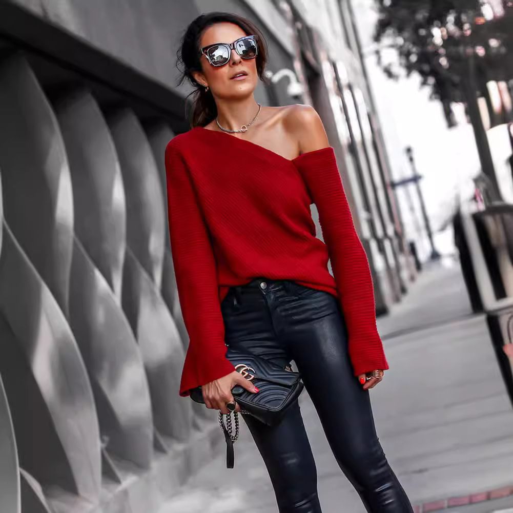 Hot Sale, Fashionable Crew Neck, Long Sleeves, Off-the-Shoulder Women's Tops, Knitwear, One-Shoulder, Off-the-Shoulder Tops