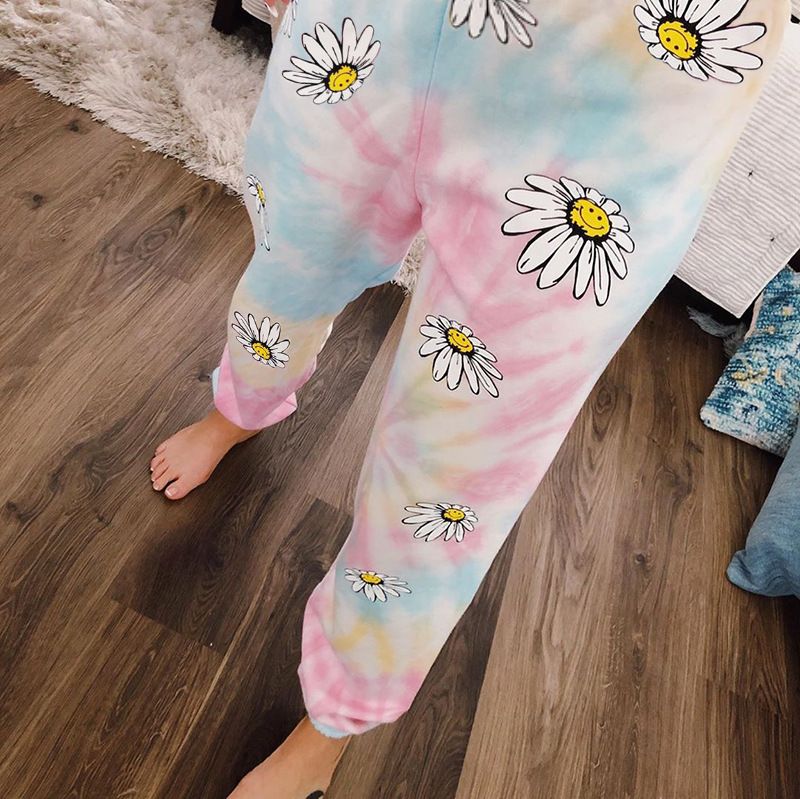 Summer new sweatshirt fabric, chrysanthemum print, trend, sports casual pants, women's, hot selling trousers