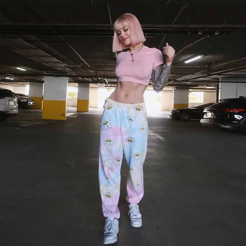Summer new sweatshirt fabric, chrysanthemum print, trend, sports casual pants, women's, hot selling trousers