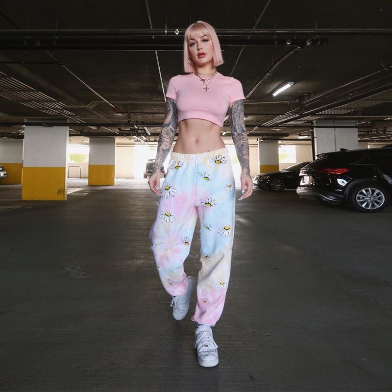 Summer new sweatshirt fabric, chrysanthemum print, trend, sports casual pants, women's, hot selling trousers