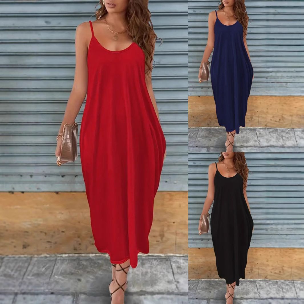 s to 5XL,Plus size,Casual dress European and American solid color suspender ladies dress, long, loose and comfortable