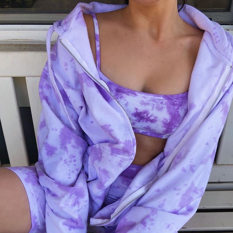 Women's hooded zipper, large pockets, loose casual streetwear basic tie-dye jacket,Sporty style, girly and ladies' clothing
