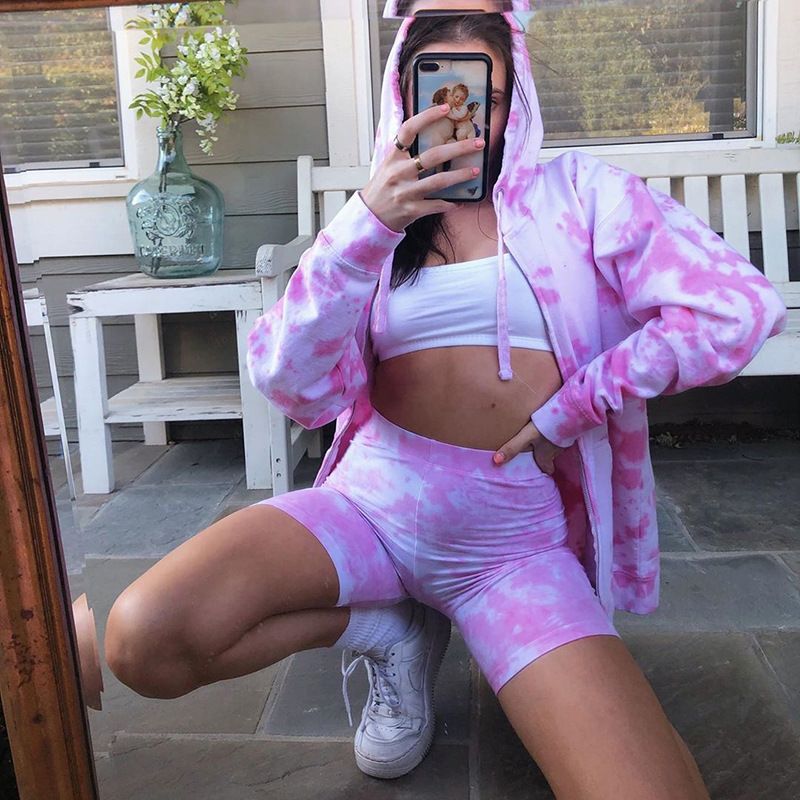 Women's hooded zipper, large pockets, loose casual streetwear basic tie-dye jacket,Sporty style, girly and ladies' clothing