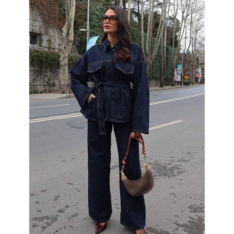 2pcs/1 sets,Fashionable casual sweatshirt set denim patchwork hooded top trousers two-piece set women's wear, trousers, t-shirt, coat