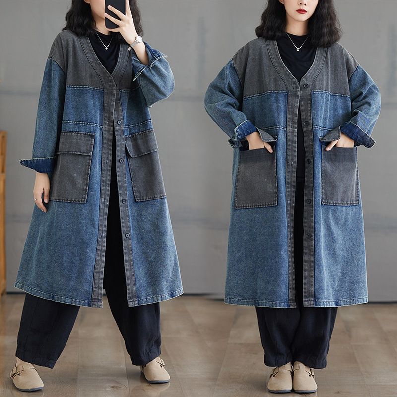Contrast heavy wash V-neck loose large size retro casual long sleeve denim casual trench coat jacket women's trend