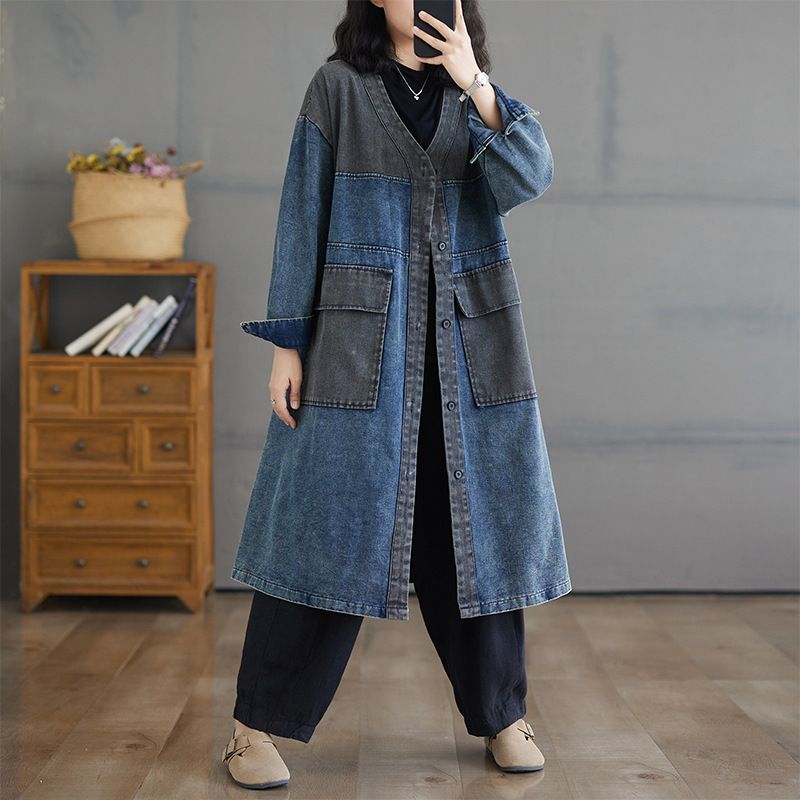 Contrast heavy wash V-neck loose large size retro casual long sleeve denim casual trench coat jacket women's trend