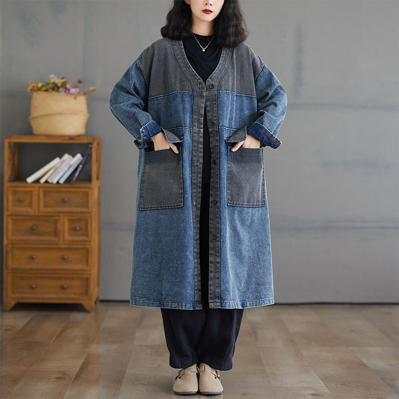 Contrast heavy wash V-neck loose large size retro casual long sleeve denim casual trench coat jacket women's trend