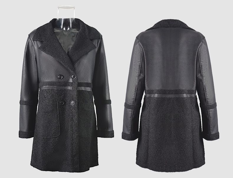 Medium-length women's leather jacket with retro reversible wear fleece and thick fur integrated jacket