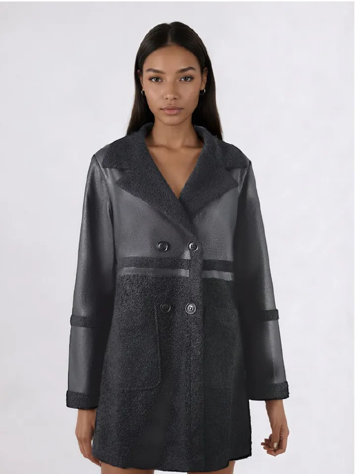 Medium-length women's leather jacket with retro reversible wear fleece and thick fur integrated jacket