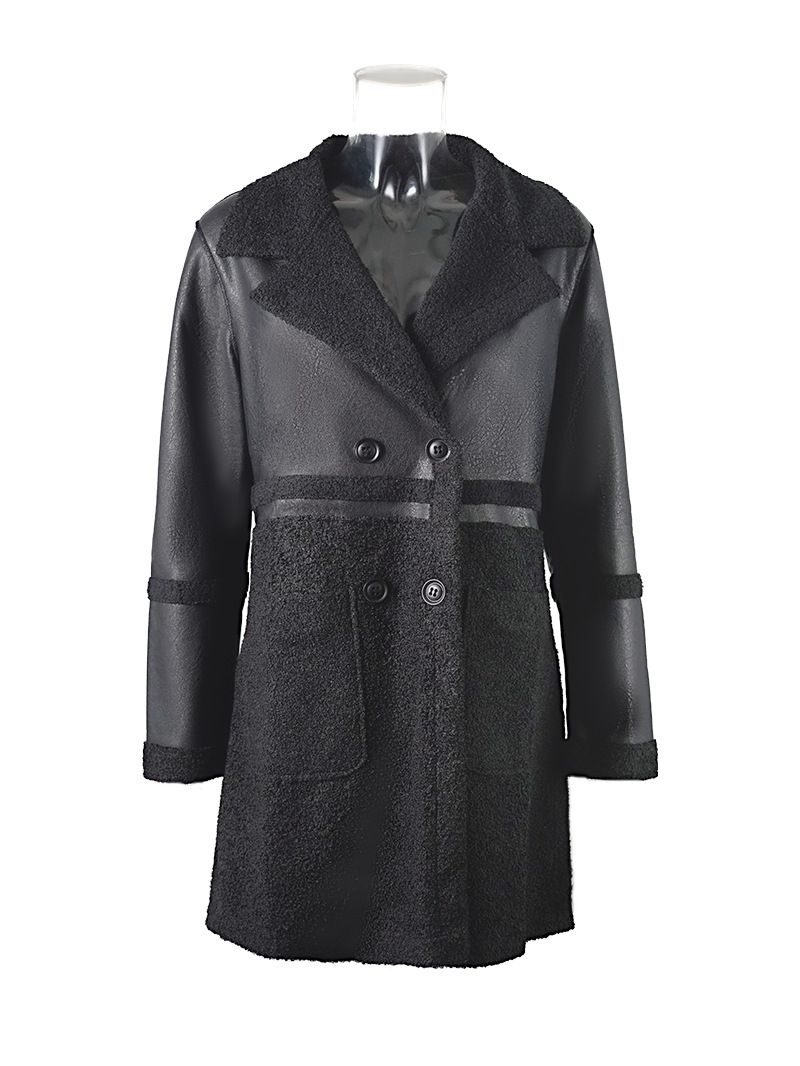 Medium-length women's leather jacket with retro reversible wear fleece and thick fur integrated jacket