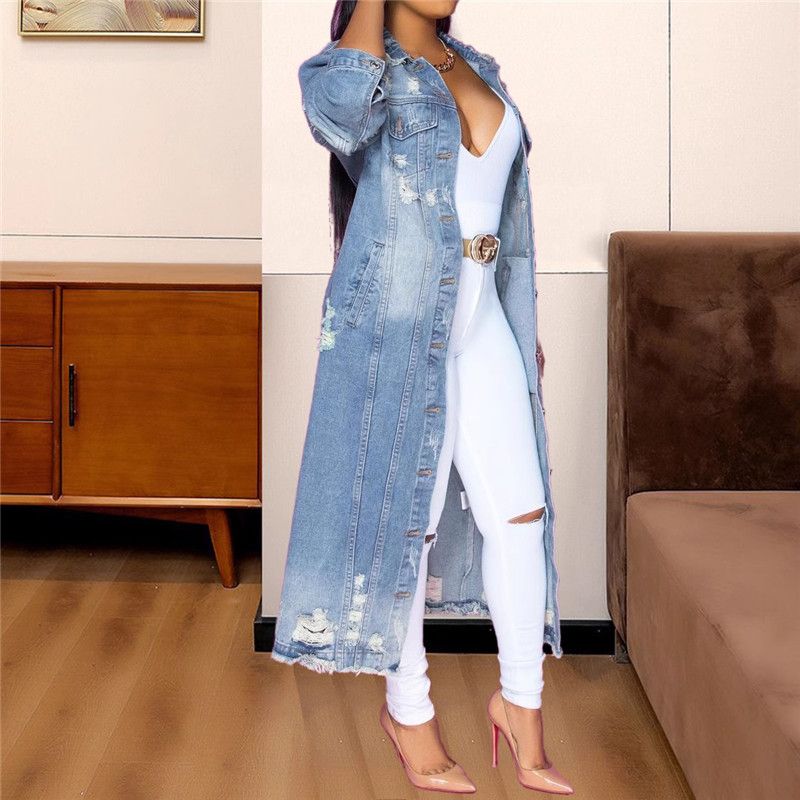 New Lapel Breasted Washed Ripped Denim Long Sleeve Jacket Mid-length Trench Coat Jacket,Long coats