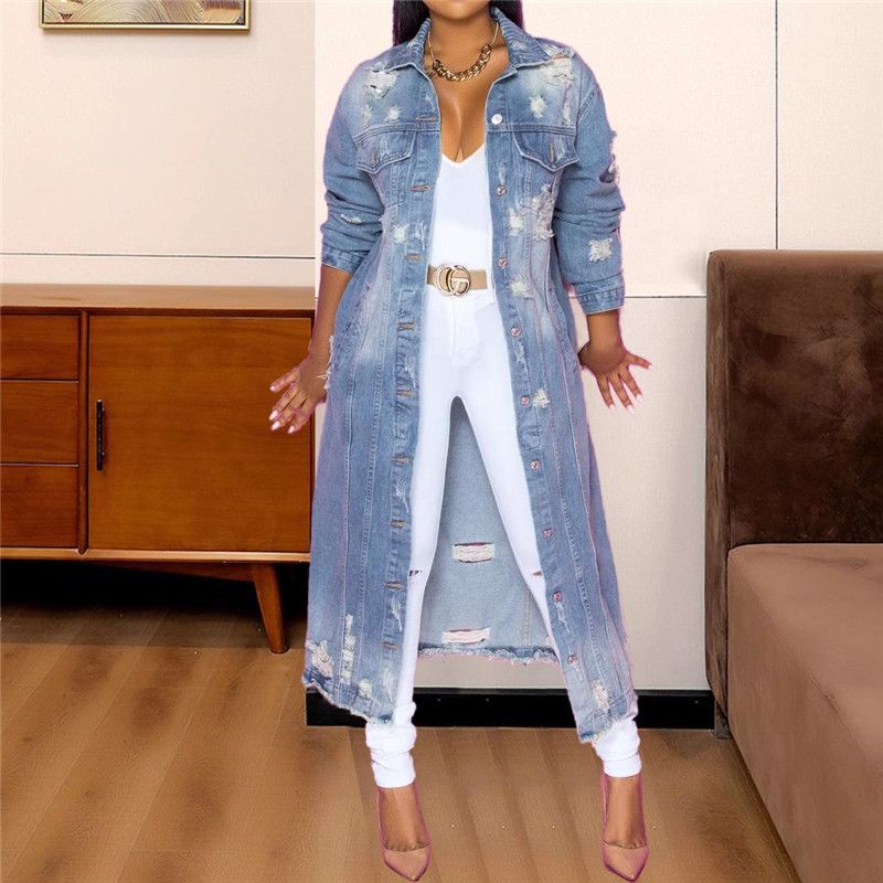 New Lapel Breasted Washed Ripped Denim Long Sleeve Jacket Mid-length Trench Coat Jacket,Long coats