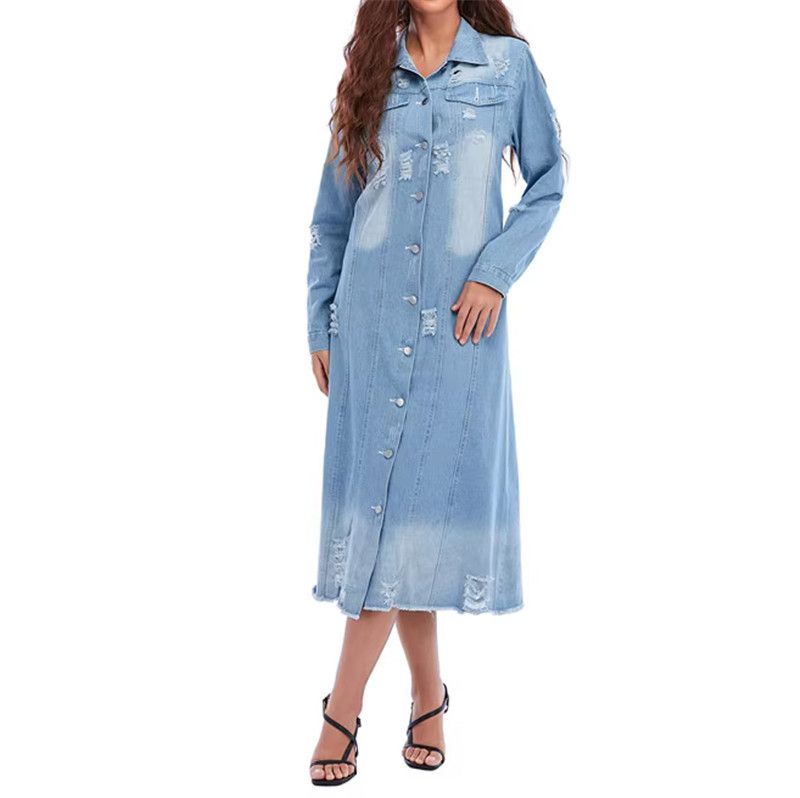 New Lapel Breasted Washed Ripped Denim Long Sleeve Jacket Mid-length Trench Coat Jacket,Long coats