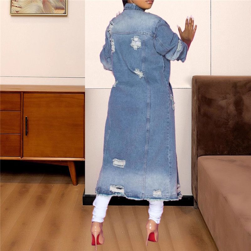 New Lapel Breasted Washed Ripped Denim Long Sleeve Jacket Mid-length Trench Coat Jacket,Long coats