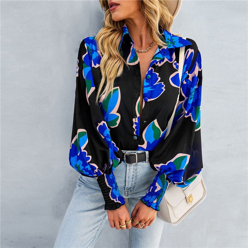 Hot selling commuter print long sleeve top with rollover lapel balloon sleeve shirt for women, loose and cool
