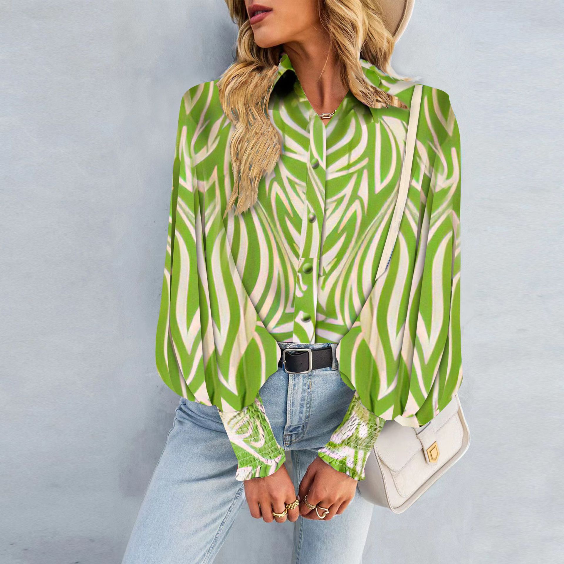 Hot selling commuter print long sleeve top with rollover lapel balloon sleeve shirt for women, loose and cool