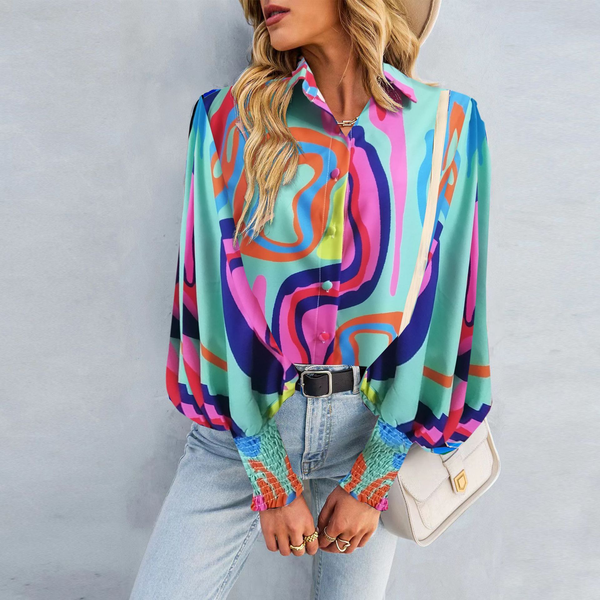 Hot selling commuter print long sleeve top with rollover lapel balloon sleeve shirt for women, loose and cool