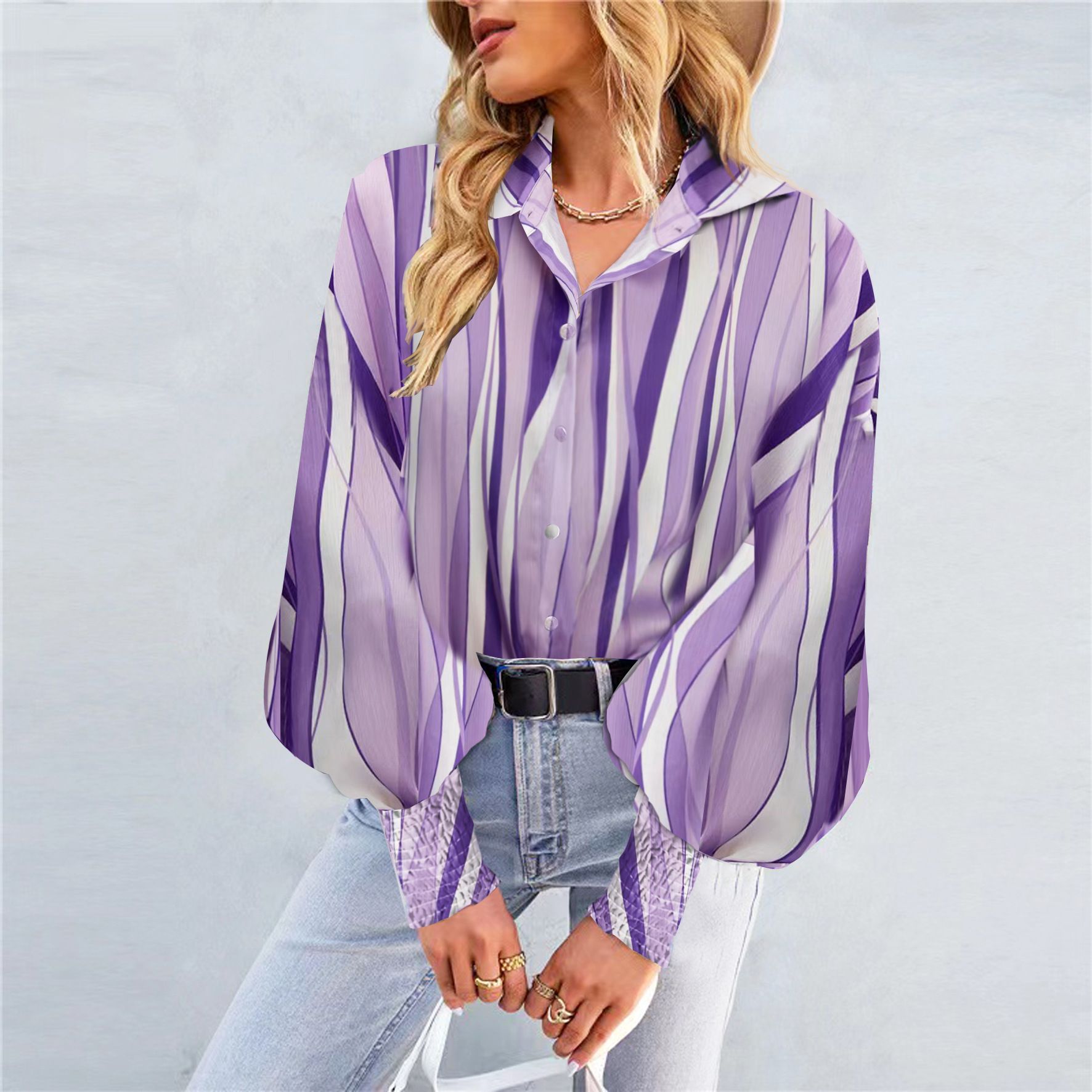 Hot selling commuter print long sleeve top with rollover lapel balloon sleeve shirt for women, loose and cool