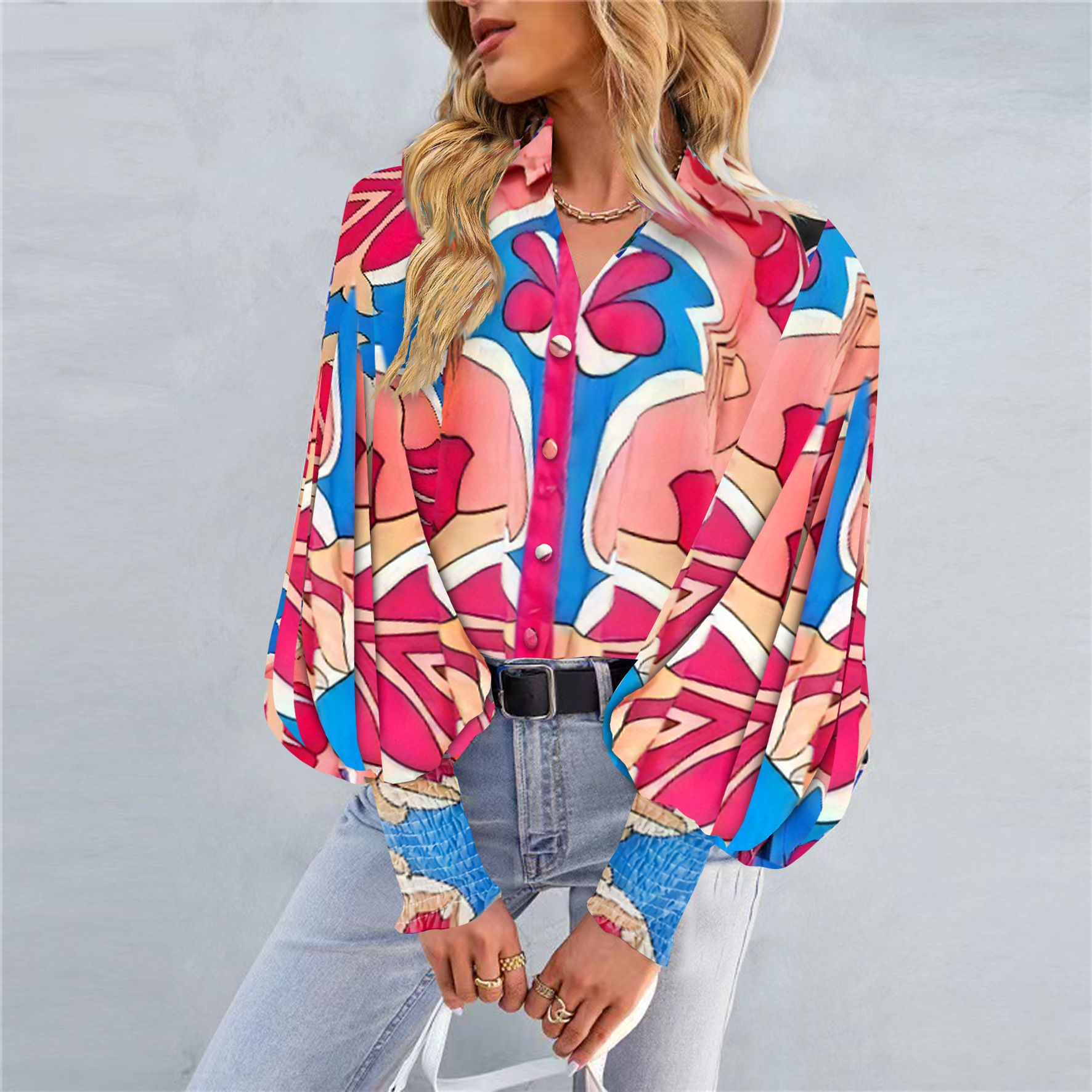 Hot selling commuter print long sleeve top with rollover lapel balloon sleeve shirt for women, loose and cool