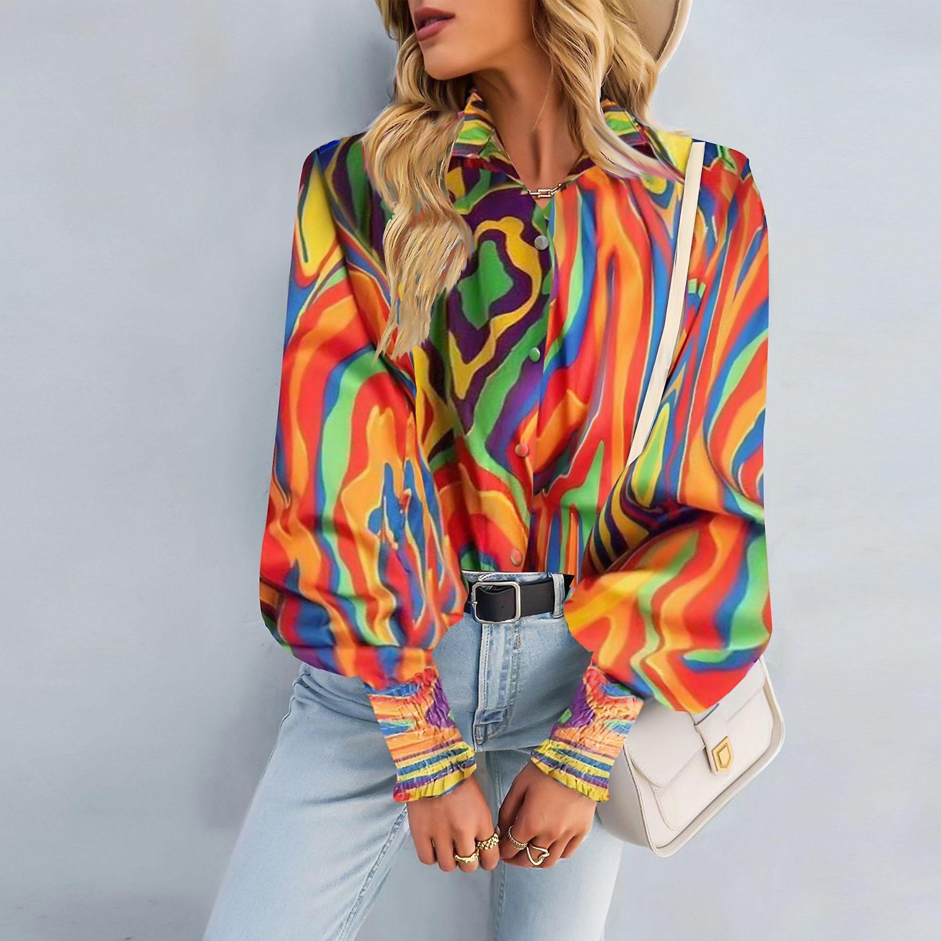 Hot selling commuter print long sleeve top with rollover lapel balloon sleeve shirt for women, loose and cool